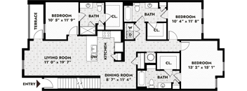 three bedroom, three bathroom apartment home