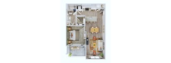 A top-down view of a small apartment with a kitchen, living room, and bathroom.