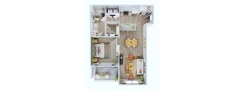 A top-down view of a modern apartment layout with a kitchen, living room, and bathroom.