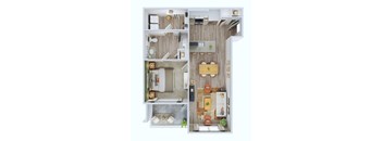A top-down view of a small apartment with a kitchen, living room, and bathroom.