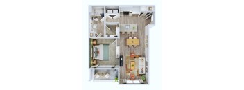 A top-down view of a small apartment with a kitchen, living room, and bathroom.