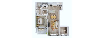 A top-down view of a small apartment with a kitchen, living room, and bathroom.