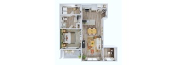 A top-down view of a small apartment with a kitchen, living room, and bedroom.