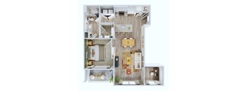A top-down view of a small apartment with a kitchen, living room, and bedroom.