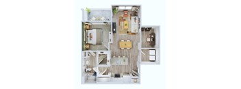 A top-down view of a small apartment with a kitchen, living room, and bedroom.