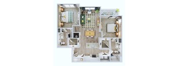 A top-down view of a small, well-organized apartment with a bedroom, kitchen, and living area.