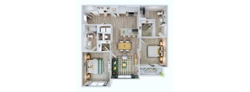 A top-down view of a small apartment with a kitchen, living room, and bathroom.