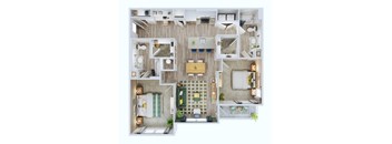 A top-down view of a well-organized apartment with a kitchen, living room, and bathroom.