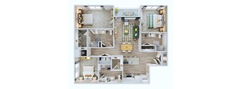 A 3D floor plan of a house with multiple rooms and furniture.