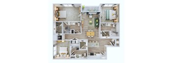 A 3D floor plan of a small apartment with a kitchen, living room, and bathroom.