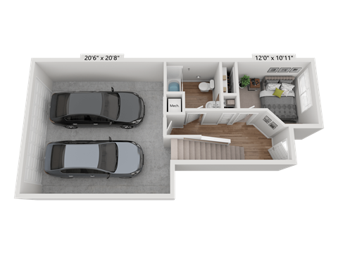 a rendering of the interior of a house with two cars