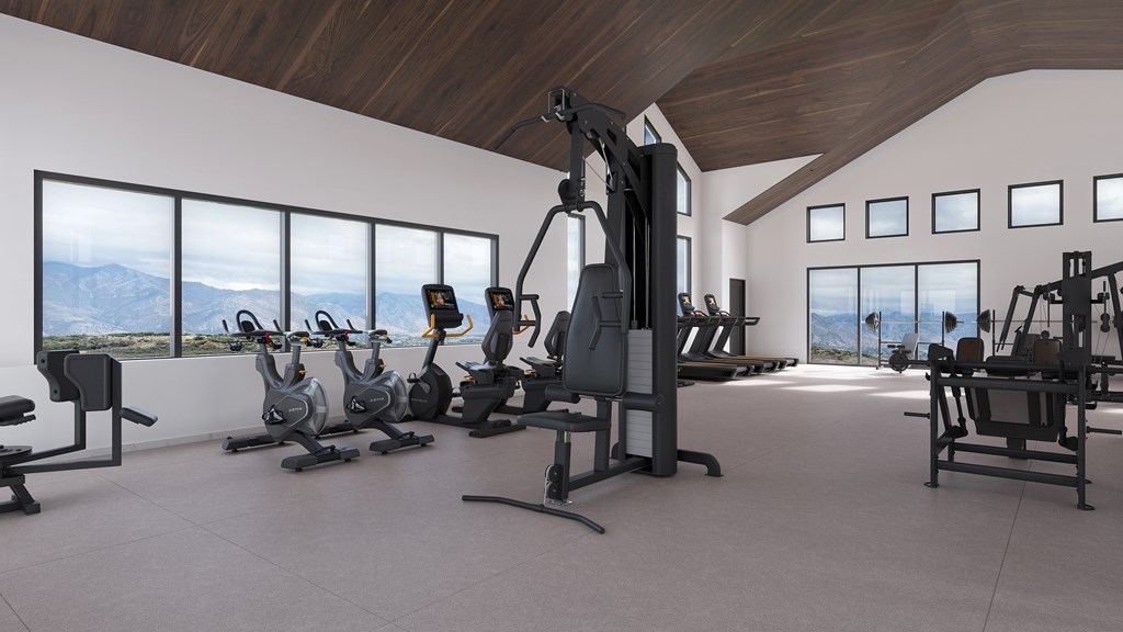 A gym with a view of the mountains.