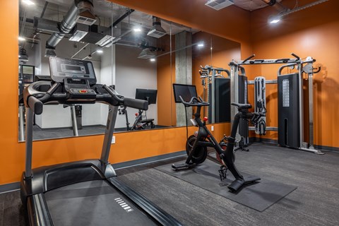 A treadmill and a weight machine in a gym.