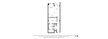 A floor plan of an apartment with a living room, dining room, kitchen, bathroom, and bedroom.