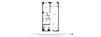A floor plan of an apartment with a living room, dining room, kitchen, bathroom, and bedrooms.