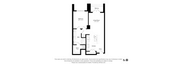 A floor plan of an apartment with a bedroom, living room, kitchen, bath, and entry.