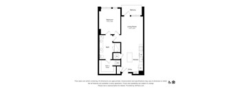 A black and white floor plan of an apartment with a bedroom, living room, kitchen, and bathroom.
