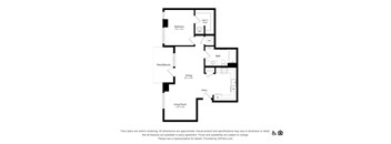 A black and white floor plan of an apartment with a living room, dining room, kitchen, bathroom, and bedroom.