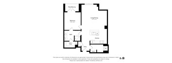 A floor plan of an apartment with a living/dining area, kitchen, bedroom, bathroom, and walk-in closet.