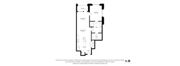 A black and white floor plan of an apartment with a living room, dining room, kitchen, and bedrooms.