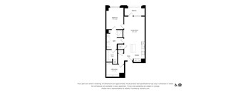 A floor plan of an apartment with a bedroom, living room, kitchen, bathroom, and office.