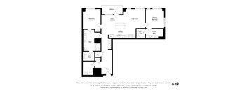 A black and white floor plan of an apartment with a balcony, two bedrooms, a living room, a dining room, a kitchen, a bathroom, and an entry.