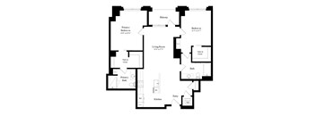 A black and white floor plan of a house with a balcony, two bathrooms, two bedrooms, a living room, a kitchen, and an entry.