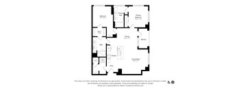 A black and white floor plan of an apartment with two bedrooms, two bathrooms, a kitchen, living room, dining room, and a balcony.