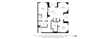 A black and white floor plan of an apartment with a living room, kitchen, bathrooms and bedrooms.
