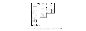 A floor plan of an apartment with a kitchen, living room, and bathrooms.