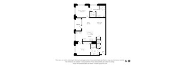 A floor plan of an apartment with a living room, dining room, kitchen, and two bedrooms.
