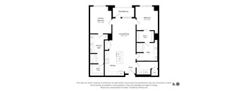 A black and white floor plan of an apartment with a living/dining area, kitchen, two bathrooms, and two bedrooms.