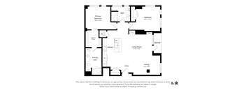 A floor plan of an apartment with a living room, kitchen, two bathrooms, and two bedrooms.