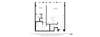 A floor plan of an apartment with a bedroom, living/dining area, kitchen, bath, powder room, and entry.