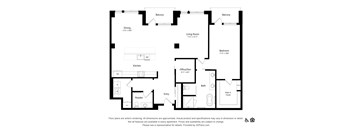 A black and white floor plan of an apartment with a living room, dining room, kitchen, bath, and bedroom.