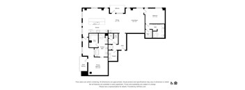 A black and white floor plan of an apartment with a kitchen, living room, and bedrooms.