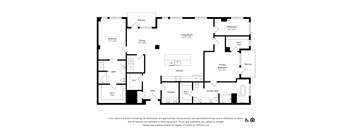 A black and white floor plan of an apartment with a living room, dining room, kitchen, and two bedrooms.