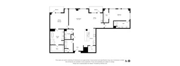 A black and white floor plan of an apartment with a balcony, powder room, and kitchen.