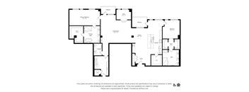 A floor plan of an apartment with a primary bedroom, bathroom, living room, dining room, kitchen, and office space.