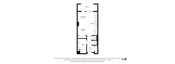 A floor plan of an apartment with a living room, kitchen, bedroom and bathroom.