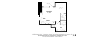 A floor plan of an apartment with a living room, kitchen, bathroom, and two bedrooms.