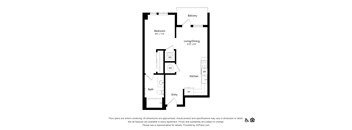 A black and white floor plan of an apartment with a bedroom, living/dining area, kitchen, bath, and entry.