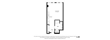 A floor plan of an apartment with a living area, kitchen, bath, and entry.