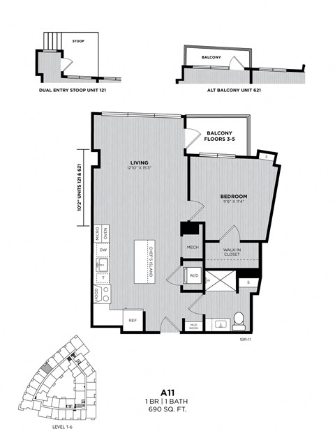 A floor plan for a 1 BR apartment with a 690 square foot living area.