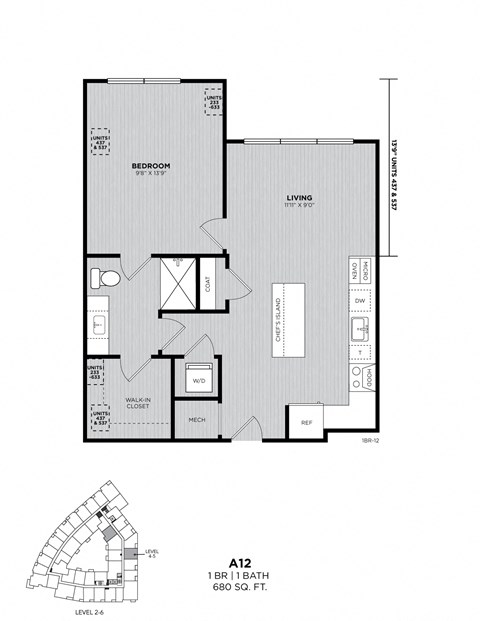 A floor plan of apartment A12 with a living room, bedroom, and bathroom.