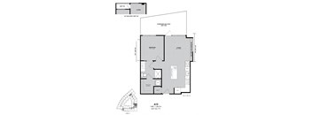 A floor plan for an apartment shows a living area, a bedroom, a bathroom, a kitchen, and a garage.
