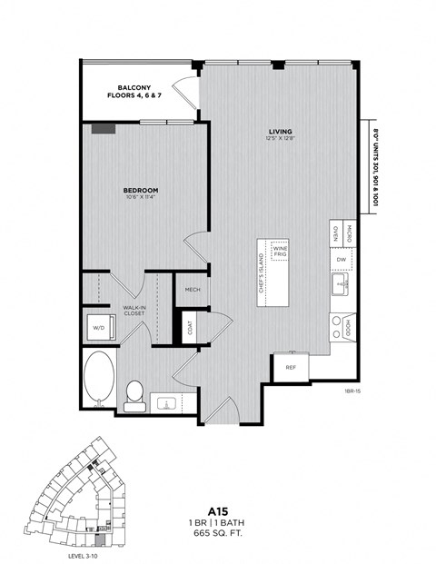 A floor plan of apartment A15 with a living room, bedroom, bathroom, and other rooms.