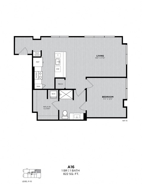 A drawing of a floor plan for a 1 bedroom apartment.