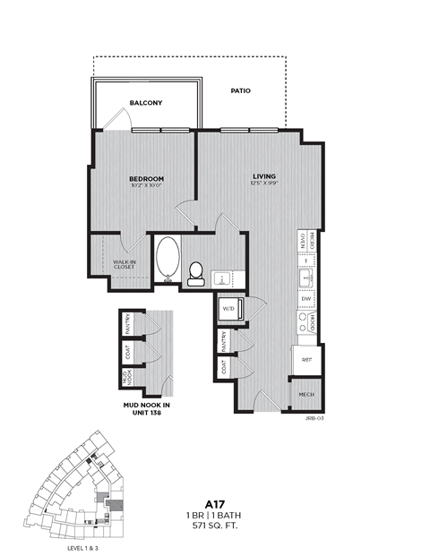 A floor plan of apartment A17 with a bedroom, living room, and bathroom.