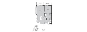 A drawing of a floor plan for a 1 BR 11 bath apartment.